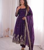 Purple silk blend embroidered flared gown set
