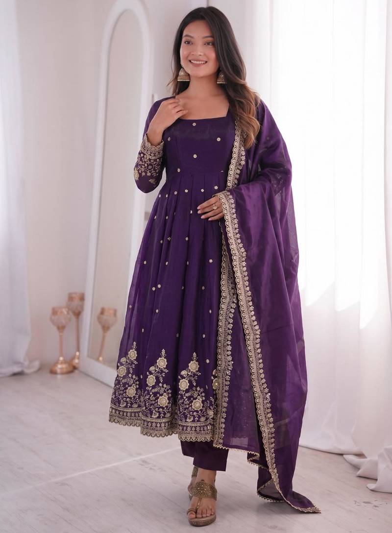 Purple silk blend embroidered flared gown set