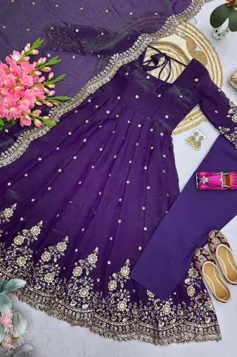 Purple silk blend embroidered flared gown set
