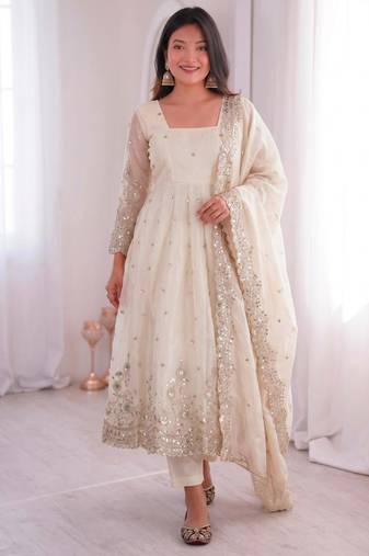 White silk blend embroidered flared gown set