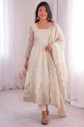 White silk blend embroidered flared gown set