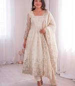 White silk blend embroidered flared gown set