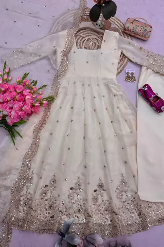 White silk blend embroidered flared gown set