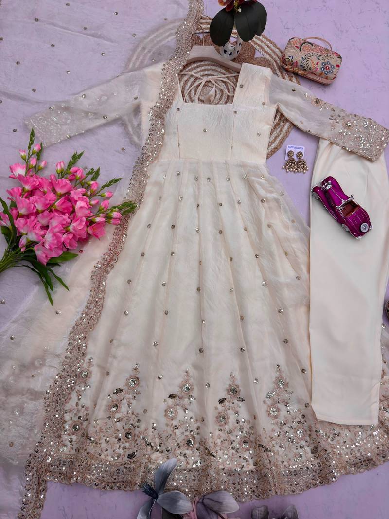 White silk blend embroidered flared gown set