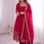Red silk blend embroidered flared gown set