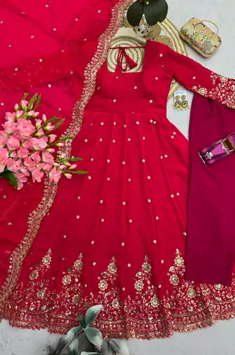 Red silk blend embroidered flared gown set
