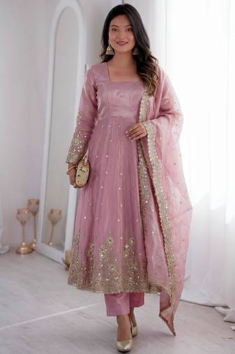 Pink silk blend embroidered flared gown set