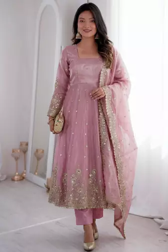 Pink silk blend embroidered flared gown set