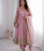 Pink silk blend embroidered flared gown set