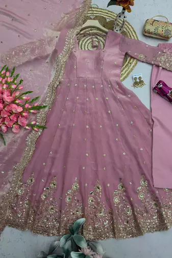 Pink silk blend embroidered flared gown set