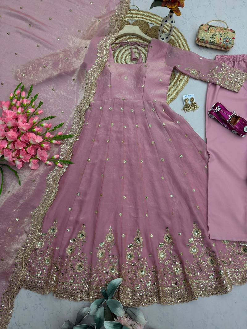 Pink silk blend embroidered flared gown set