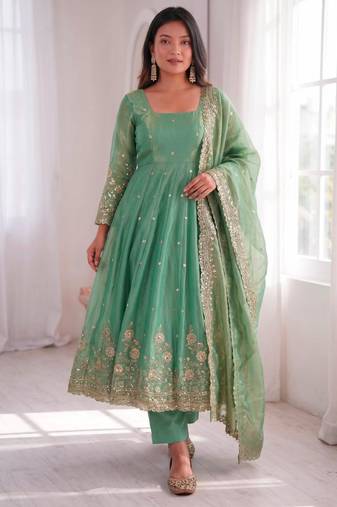 Green silk blend embroidered flared gown set