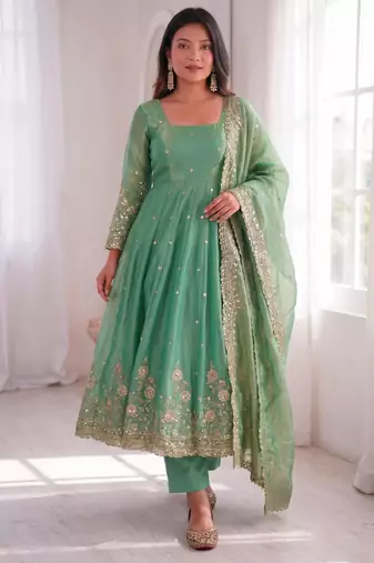 Green silk blend embroidered flared gown set