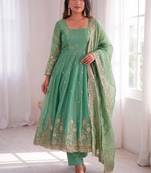 Green silk blend embroidered flared gown set