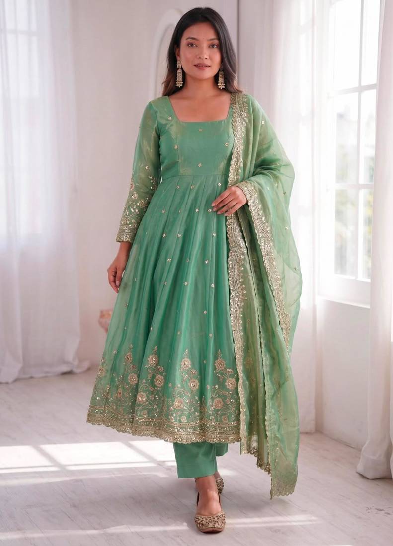 Green silk blend embroidered flared gown set