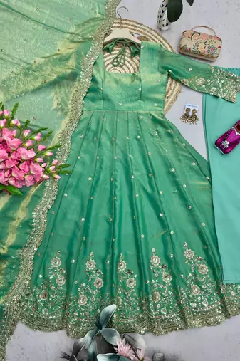 Green silk blend embroidered flared gown set