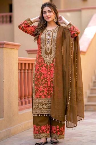 Brown georgette embroidered palazzo set