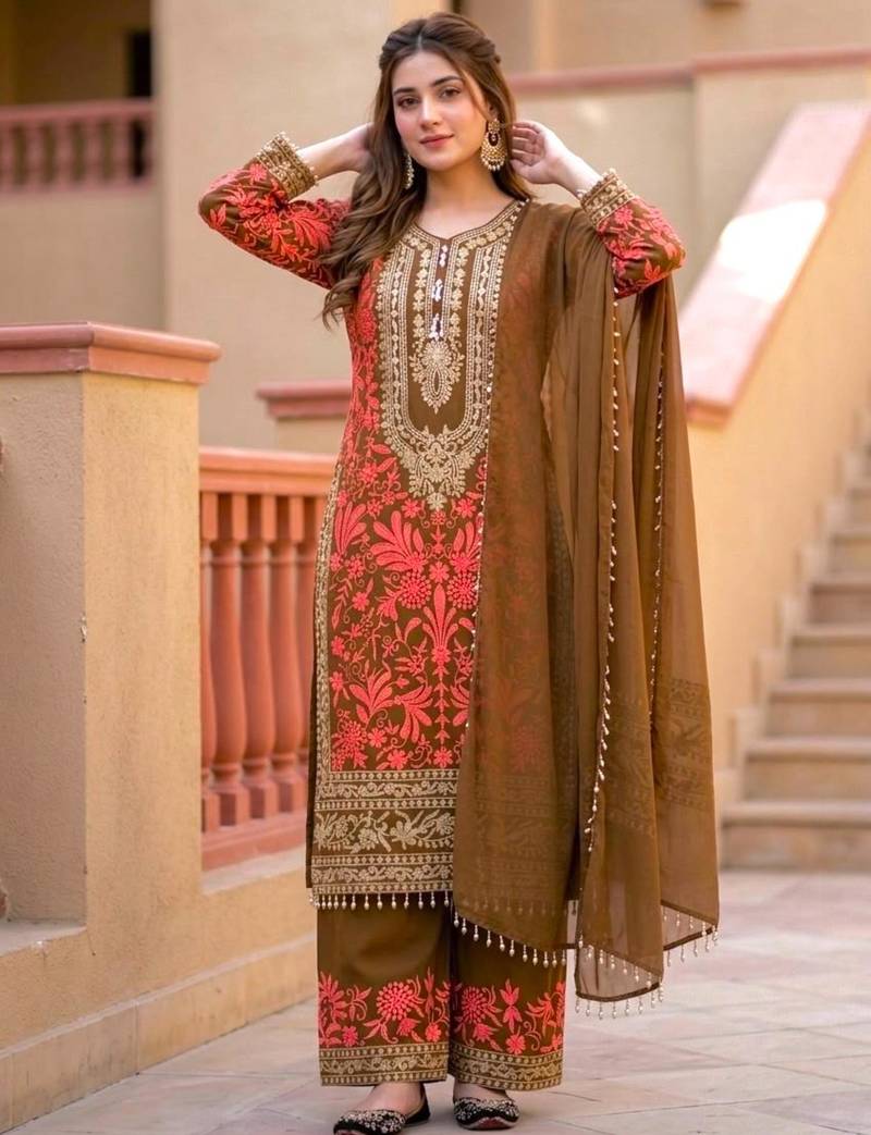 Brown georgette embroidered palazzo set