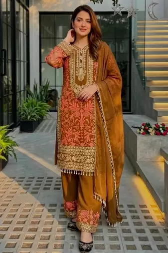 Brown georgette embroidered palazzo set