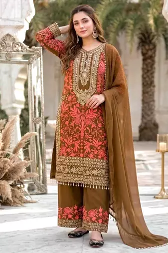 Brown georgette embroidered palazzo set