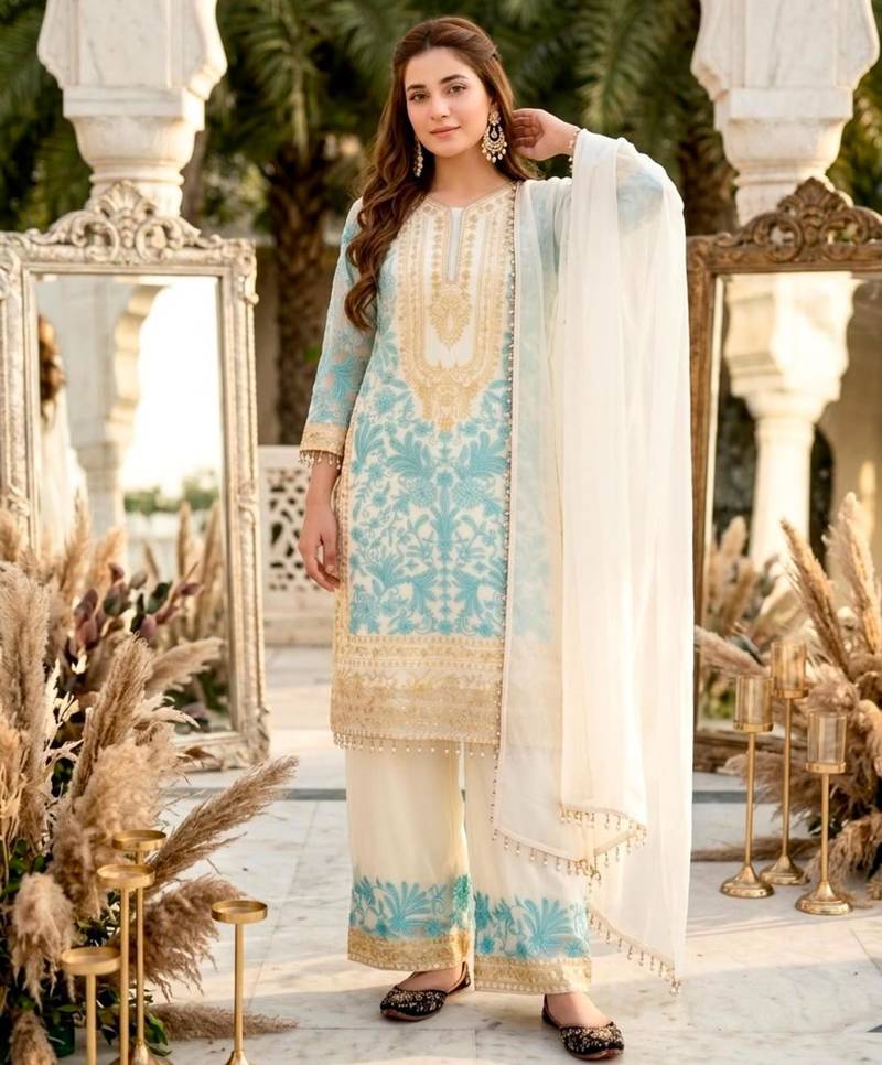 White georgette embroidered palazzo set