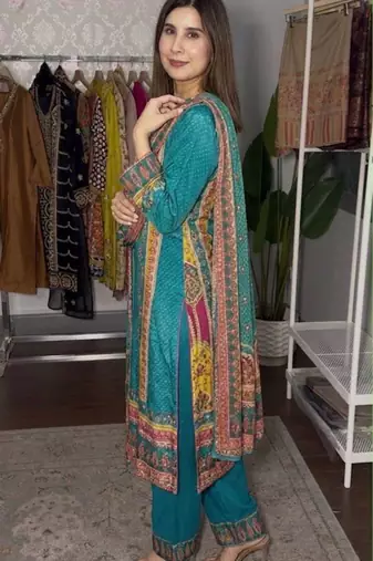 Blue satin printed kurta set