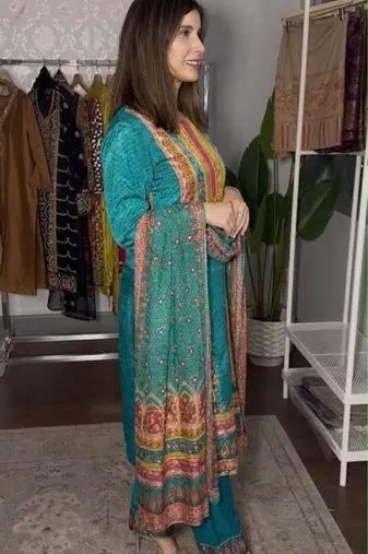 Blue satin printed kurta set