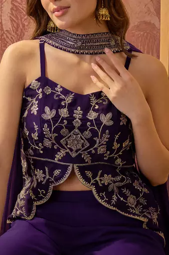 Purple georgette kurta palazzo set with striped dupatta