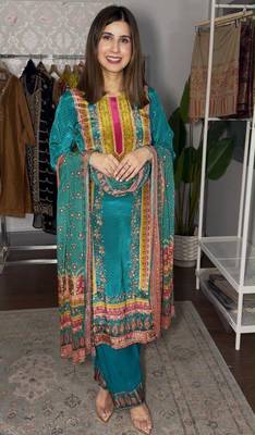 Blue satin printed kurta set 1