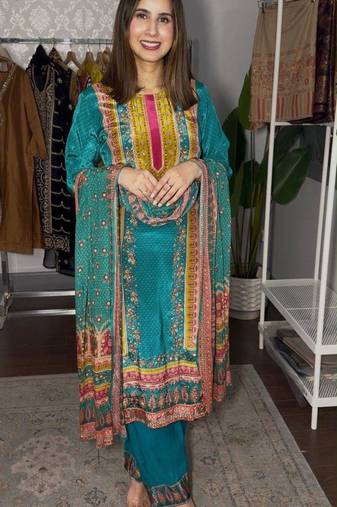 Blue satin printed kurta set