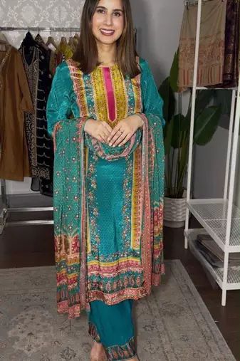 Blue satin printed kurta set