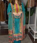 Blue satin printed kurta set