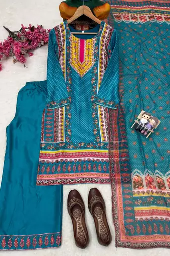 Blue satin printed kurta set