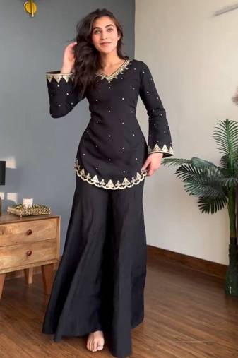 Black silk blend embroidered palazzo set