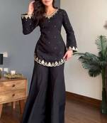 Black silk blend embroidered palazzo set