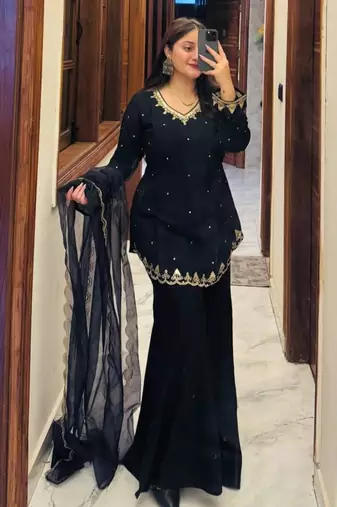 Black silk blend embroidered palazzo set