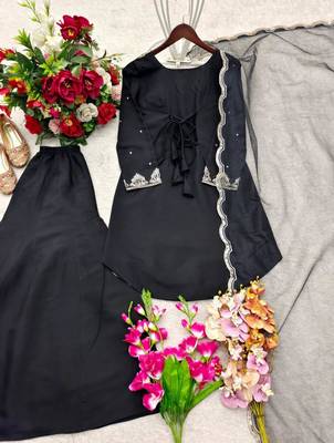 Black silk blend embroidered palazzo set 3