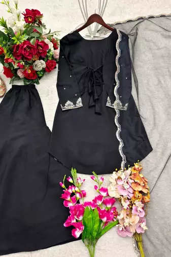 Black silk blend embroidered palazzo set