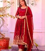 Red silk blend embroidered flared gown set