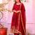 Red silk blend embroidered flared gown set