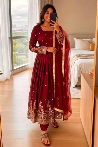 Red silk blend embroidered flared gown set