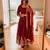 Red silk blend embroidered flared gown set
