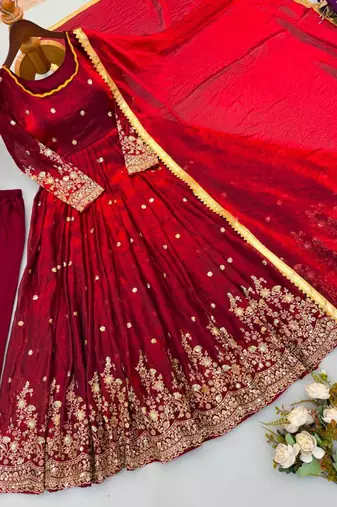Red silk blend embroidered flared gown set