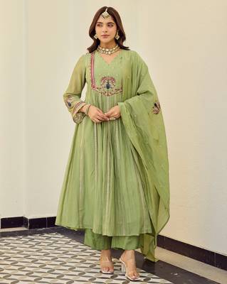 Sage green chanderi anarkali kurta set with dupatta 1