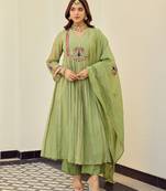 Sage green chanderi anarkali kurta set with dupatta