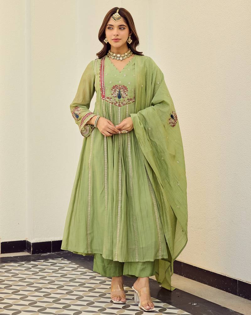 Sage green chanderi anarkali kurta set with dupatta