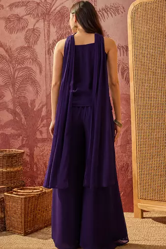 Purple georgette kurta palazzo set with striped dupatta