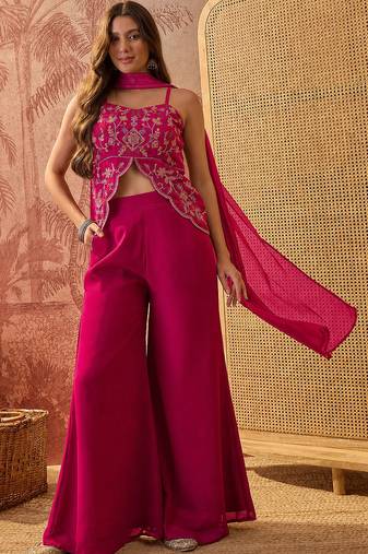 Rani pink georgette kurta palazzo set with striped dupatta