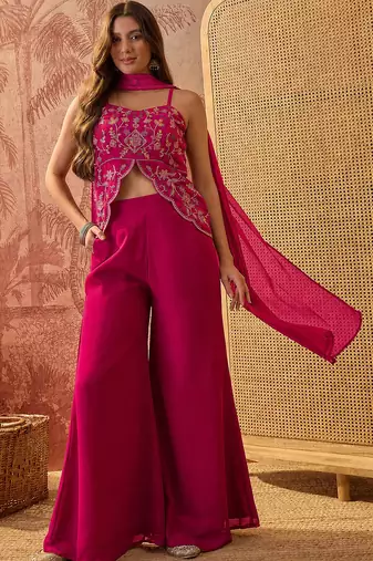 Rani pink georgette kurta palazzo set with striped dupatta
