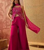 Rani pink georgette kurta palazzo set with striped dupatta